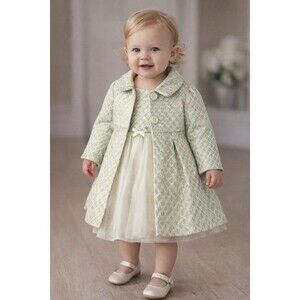 Bonnie Baby Toddler Mint Green Gold Metallic Dress Coat Set Holiday size 18 Mon